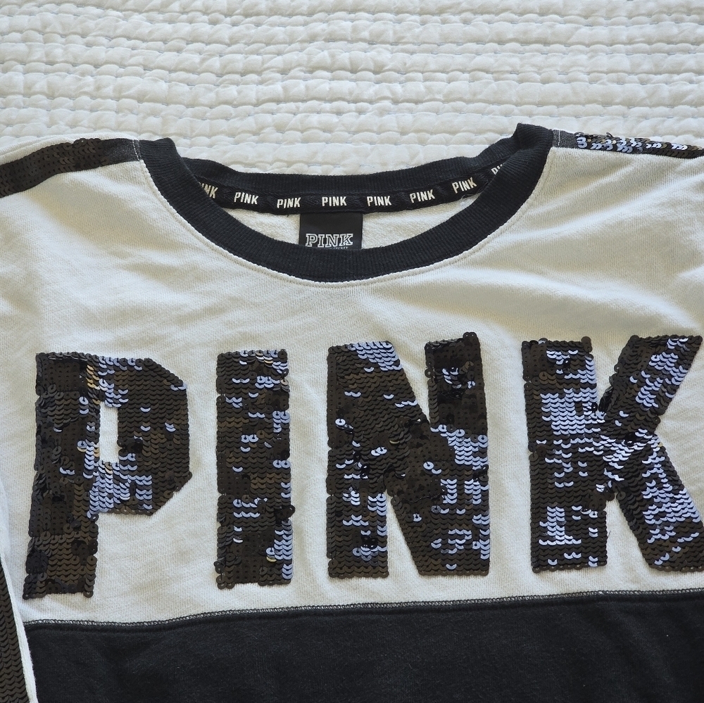 Victorias Secret Pink GRAPHIC Sequins Bling Varsity Crew LIM ED Sweatshirt S - Picture 3 of 8